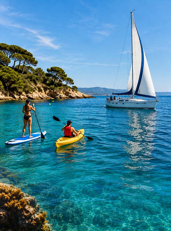 Stand up paddle, kayak et voilier face aux îles d’Or à Hyères dans une eau turquoise en Méditerranée